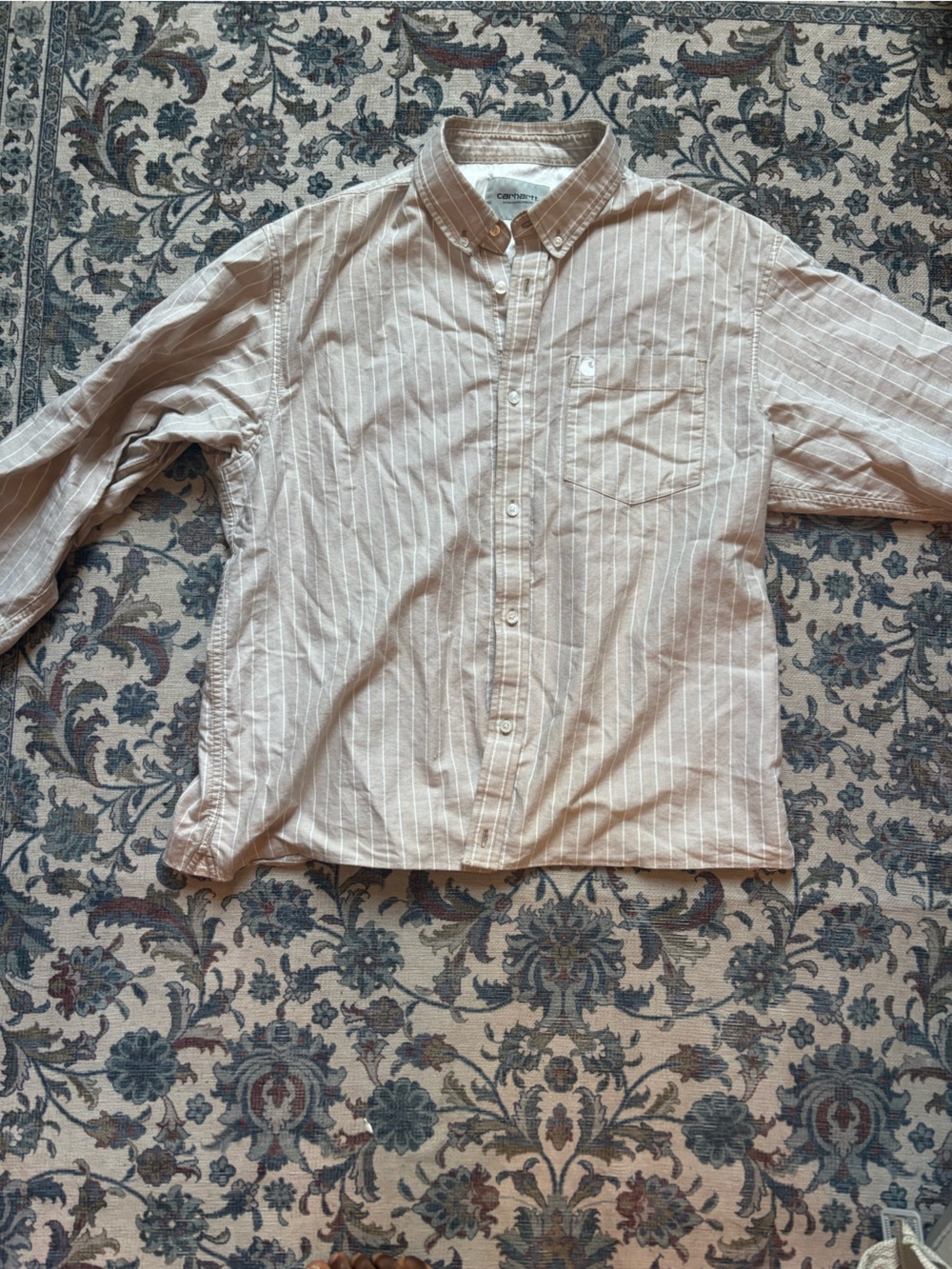 Carhartt Men's Light Beige and White Striped Button-Down Shirt
